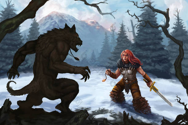 狼人和战士在白雪覆盖的高山上准备战斗的图景-数字奇幻画