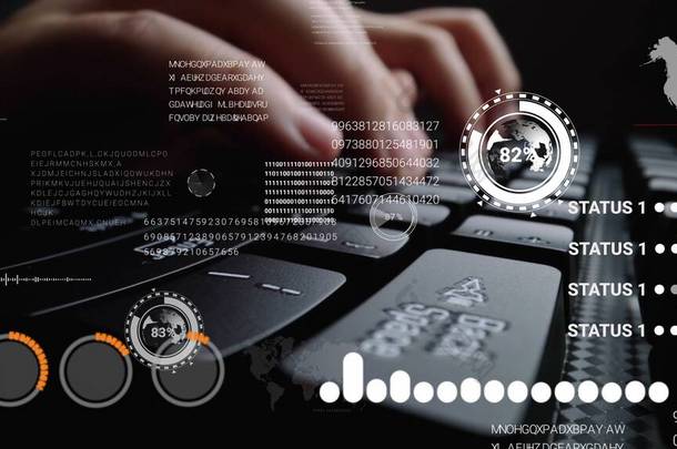 用图形用户界面图形用户界面GUI全息图进行笔记本电脑键盘工作的人，展示了大数据科学技术、数字网络连接和计算机编程算法的概念.