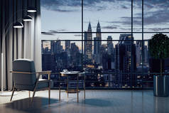 具有夜景的现代客厅的椅子和装饰桌.设计和风格概念。3D渲染