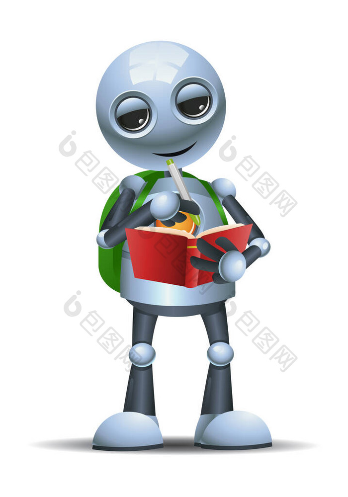 小机器人在书本上书写的图解代表孤立的白人
