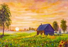 原作油漆画的是田野上的老房子，美丽的野花上的帆布上的美丽落日。现代印象主义。愚蠢的艺术品.