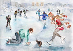 人们在滑冰。手工制作的水彩画.