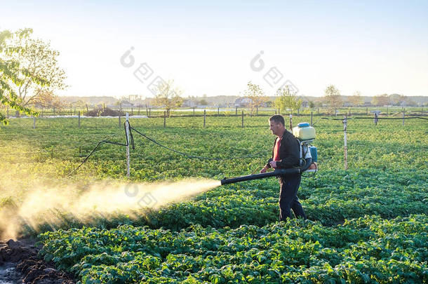 一个农民在土豆种植园里撒了一种抗真菌化学品。在农业中使用化学品。防治真菌感染和昆虫。农业和农产企业、农业工业.