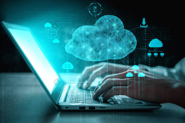 <strong>云</strong>计算技术和在线数据存储为企业网络的概念.计算机连接到Internet<strong>服务</strong>器<strong>服务</strong>，用于三维未来主义图形界面中的<strong>云</strong>数据传输.