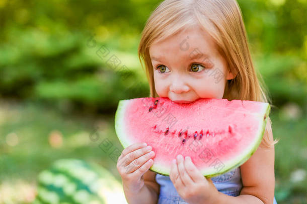 孩子们在花园里<strong>吃西瓜</strong>。孩子们在户外<strong>吃</strong>水果。儿童健康小<strong>吃</strong>。2岁的小女孩在<strong>吃西瓜</strong>