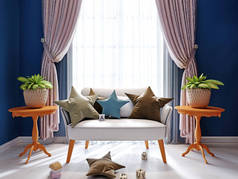 儿童房靠窗的设计沙发上有枕头和装饰。窗帘，有花盆的桌子3D渲染.