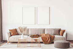 现代斯堪的纳维亚式公寓室内设计,客厅采用中性色彩,镜框招贴画造型.3D渲染
