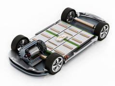 虚构的电动车底盘与电动引擎和电池。3D插图.
