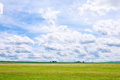 碧绿的草地上，蓝天映衬着白云.