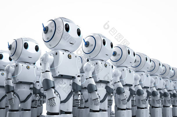 3D渲染组可爱的人工智能机器人或卡通人物机器人军队
