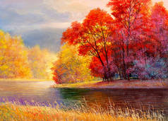 油画风景-五彩缤纷的秋天森林,美丽的河流