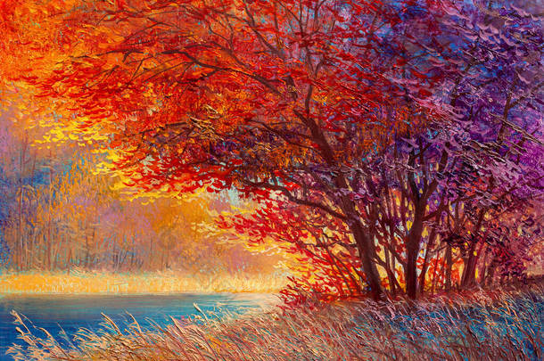 油画风景-五彩缤纷的秋天森林,美丽的河流