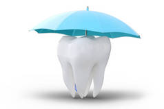 遮阳伞下的一颗牙齿，用白色的背景隔开。保护健康，保险概念，牙科，医疗护理。3d说明