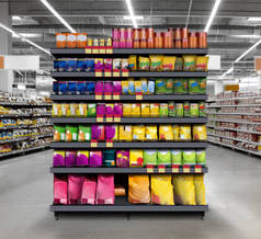 超级市场架子上的宠物食品适于展示新的平面图和新的设计包装等