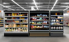冷冻机，超市里的插座。冷却器中的食物有三种：肉类，盒装快餐和果汁。适用于模拟容器的图形设计比较分析，也适用于功率点演示.