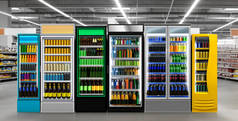 超市里，玻璃门冰箱里的照片模仿了垂直冷冻机里的苏打粉罐和塑料瓶。适用于提供新的啤酒瓶、包装或标签设计等