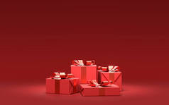 成组的红色礼品盒，在地面上的固体单色红色房间，3D渲染，新年礼物