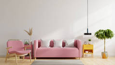明亮舒适的现代客厅内部有粉红色的沙发、扶手椅和白色墙壁背景的灯。