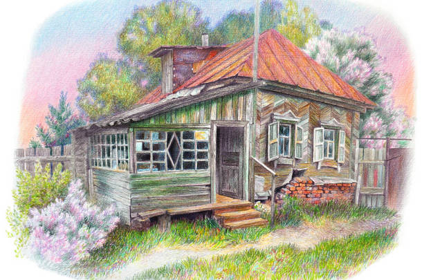 老奶奶房子的彩绘逼真的图画.<strong>山水背景</strong>下的村舍