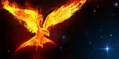 一种被称为凤凰的神话中的鸟的艺术，一种在太空背景中燃烧的鸟.