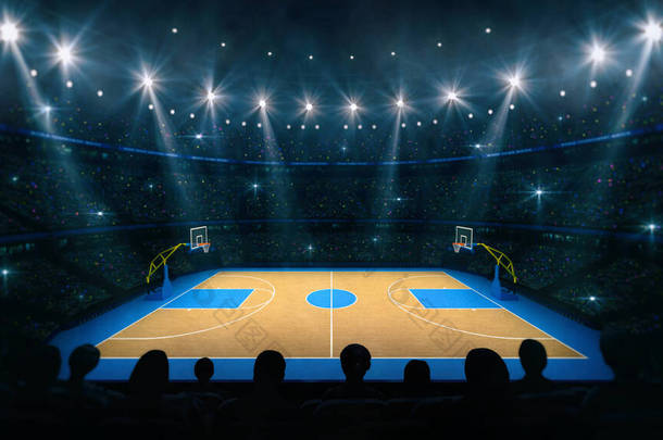 篮球场看台上的侧视图.从室内看篮球场的木制楼层.体育背景数字3D图解.