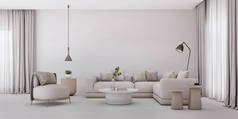 现代风格的白色客厅。沙发，扶手椅和桌子。最小的概念。 3D渲染