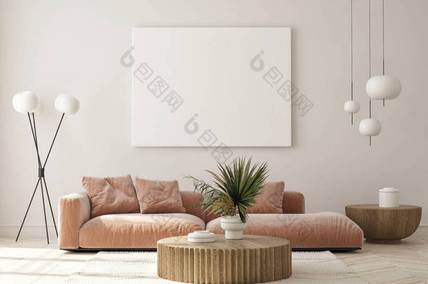 在现代室内环境、客厅、简约风格、 3D渲染、 3D插图中模仿海报框架
