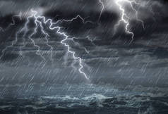 带有乌云的极端天气概念和带有三维图解风格的暴雨的暴风雨破坏性风.
