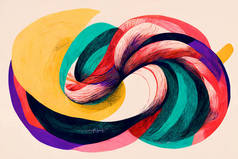 An abstract painting, bright blocks of color in a composition suggestive of a spiral. A watercolour 