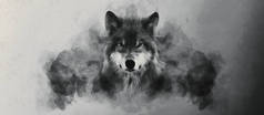 Wolf head and smoky cloud. Wide panoramic view. Artistic work