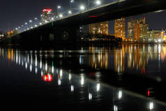 黑暗的城市景观与照亮的桥梁和反映在河上的夜晚