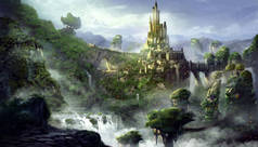 城堡山以梦幻般, 现实和未来的样式。视频游戏的数字 Cg 图稿, 概念插图, 逼真卡通风格场景设计