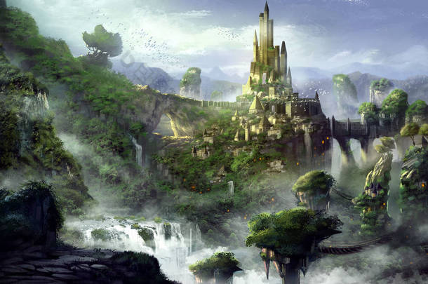 城堡山以梦幻般, 现实和未来的样式。视频游戏的数字 Cg 图稿, 概念插图, <strong>逼</strong>真卡通风<strong>格</strong>场景设计