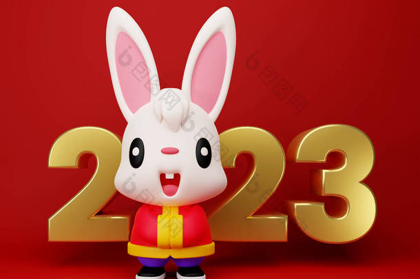 元旦2023年的主题。3D渲染兔子卡通人物问候与2023标志的红色背景。兔子年