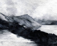 高山与天空抽象灰色景观水彩画素描
