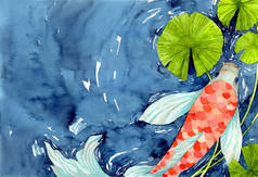 海鱼在池塘里,象征着好运与繁荣.水彩画手绘插图.