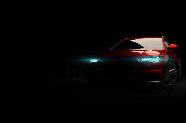 黑色背景上的时尚汽车, 开着 led 灯。未来派现代车辆头部在黑暗中发光。3d 渲染