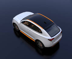 后顶视图白色电动 Suv 概念汽车停放在反光地面。3d 渲染图像.