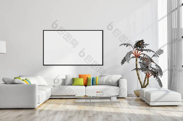 大型豪华现代明亮内饰公寓与模拟海报框架插图3d 渲染计算机生成的图像