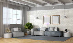 带有面料沙发和扶手椅的阁楼内的现代客厅. 3D渲染