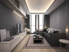 3d 渲染奢华和现代的客厅里，有好的设计皮革沙发