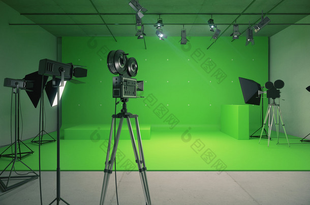 现代空绿色摄影工作室与旧风格电影摄影机