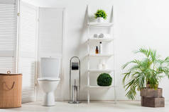 白色现代浴室的内部，靠近折叠屏风、洗衣篮、衣架和植物的马桶