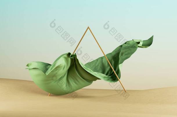 3D渲染，抽象的时尚背景与飞行的绿色<strong>帷幕</strong>和金色三角形几何形状的沙漠景观沙丘，现代最小的概念