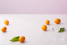 金橘, 薄荷叶, 冰立方在桌面上的紫色背景