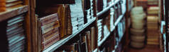 图书馆木制书架上的复古书籍全景照片
