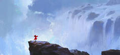 红剑手在瀑布前练习，数码绘画，3D插图.