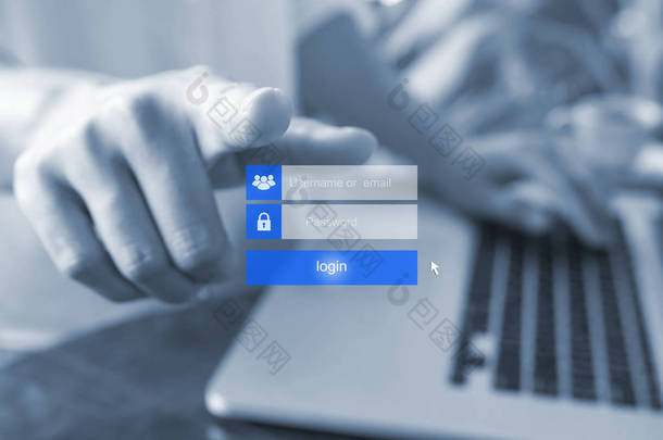 手指的女人使用触摸屏上的<strong>登录</strong>界面。触摸<strong>登录</strong>框, 虚拟数字显示屏上的用户名和密码输入, 蓝色色调.