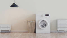 采购产品现代洗衣机,洗衣篮和家庭房间的内部.轻，橱柜，乳酪。3d渲染