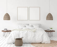 卧室里的模型海报框，斯堪的纳维亚风格，3D渲染